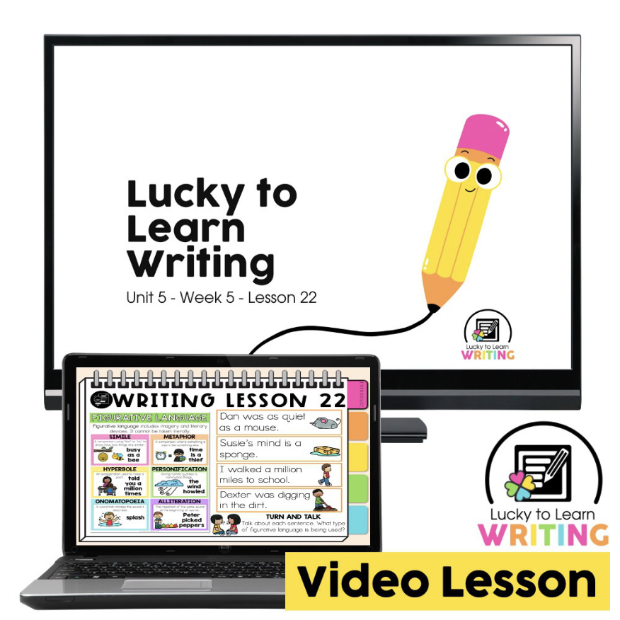 Video lesson cover for 2nd grade poetry lesson on figurative language, with a teacher on a screen and materials on a laptop, aimed at enhancing writing skills in poetry.
